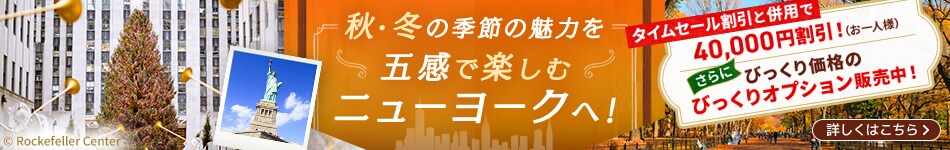 秋・冬の季節の魅力を五感で楽しむニューヨークへ！ タイムセール割引と併用で40,000円割引！（お一人様）さらに びっくり価格のびっくりオプション販売中！ 詳しくはこちら