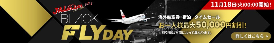 JALunLunジャルンルンBLACKFLYDAY　海外航空券＋宿泊　タイムセール　お一人様最大50,000円割引！　※割引額は方面によって異なります。　11月18日（火）00:00開始！　詳しくはこちら