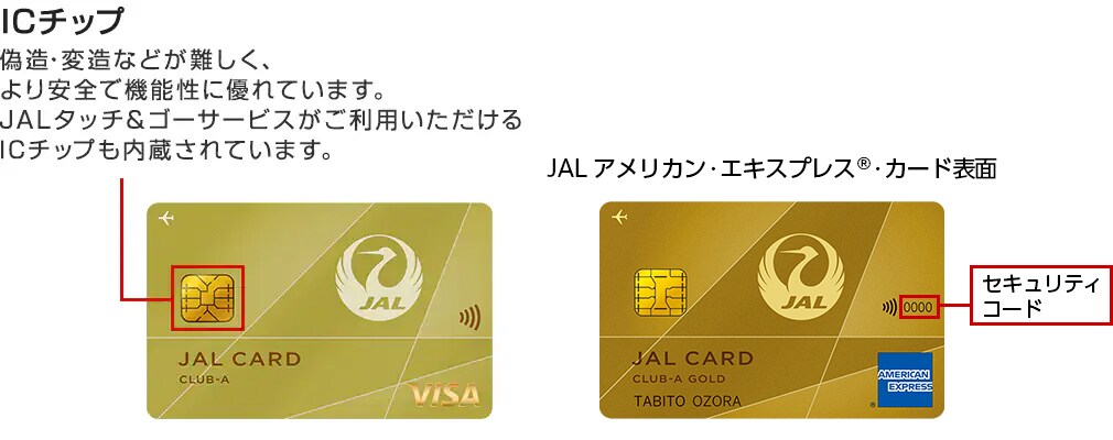 ICチップ カードの種類によっては ICチップが付いていない クレジットカードもあります。JALタッチ&ゴーサービスが ご利用いただけます。 会員番号 （クレジットカード番号） 有効期限（月／西暦年) お得意様番号 お名前