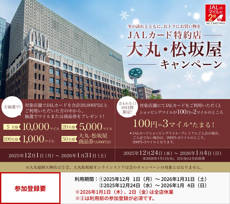 冬の訪れとともに、おトクにお買い物を。JALカード特約店「大丸・松坂屋」キャンペーン 対象店舗にて（1）JALカードを合計20,000円（税込）以上ご利用いただいた方の中から、抽選でマイルまたは商品券をプレゼント。（2）JALカードをご利用いただくと、ショッピングマイルが、100円=2マイルのところ、100円=3マイル*たまります。