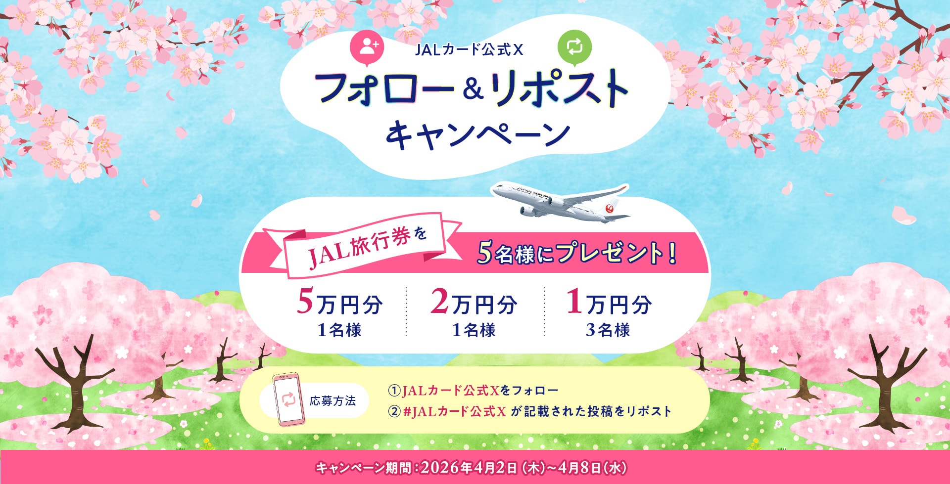 JALカード公式X フォロー&リポストキャンペーン キャンペーン期間中、JALカード公式Xアカウントをフォローの上、対象投稿をリポストした方の中から、抽選で5名様にJAL旅行券をプレゼント！期間中は毎日応募できます！応募回数が多いと当選確率UP！