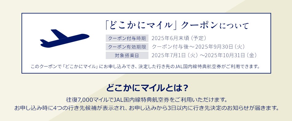 特典「どこかにマイル」クーポン（1枚）クーポン付与期間 2025年6月末頃（予定）クーポン有効期限：クーポン付与後～2025年8月31日 対象搭乗日： 2025年7月1日～2025年10月31日このクーポンで「どこかにマイル」にお申し込みでき、決定した行き先のJAL国内線特典航空券がご利用できます。