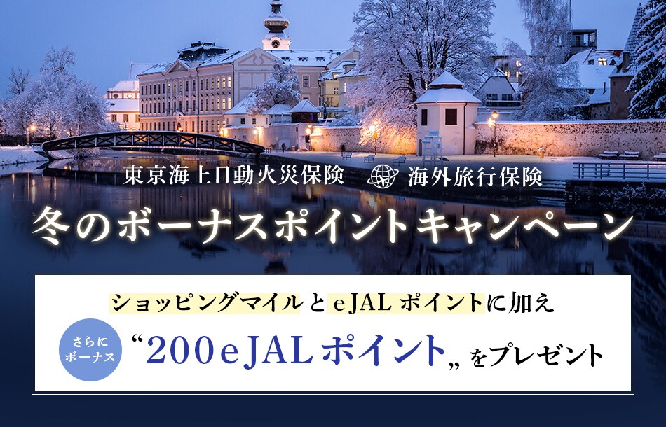 東京海上日動火災保険　海外旅行保険冬のボーナスポイントキャンペーン	 キャンペーン期間中にご出発の海外旅行で、東京海上日動火災保険の海外旅行保険をお申し込みの方に、ショッピングマイルとe JALポイント（保険料100円＝1ポイント）に加え、さらにボーナス200e JALポイントをプレゼント。
