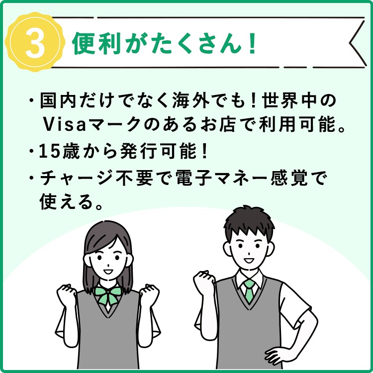 3.便利がたくさん！ 国内だけでなく海外でも！世界中のVisaマークのあるお店で利用可能。 15歳から発行可能！ チャージ不要で電子マネー感覚で使える。