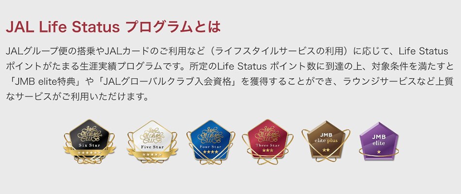 JAL Life Status プログラムとは。JALグループ便の搭乗やJALカードのご利用など（ライフスタイルサービスの利用）に応じて、Life Status ポイントがたまる生涯実績プログラムです。所定のLife Status ポイント数に到達の上、対象条件を満たすと「JMB elite特典」や「JALグローバルクラブ入会資格」を獲得することができ、ラウンジサービスなど上質なサービスがご利用いただけます。