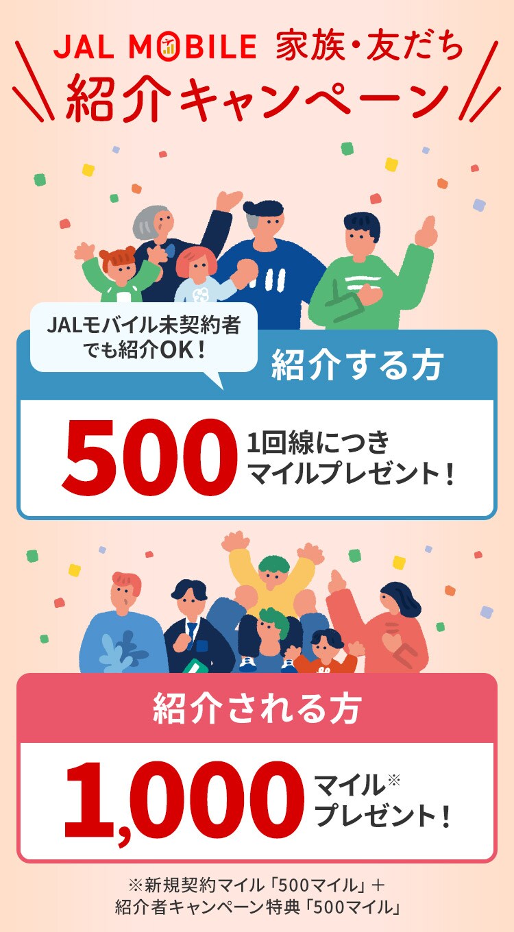 JALモバイル 家族・友だち紹介キャンペーン JALモバイル未契約者でも紹介OK！紹介する方は1回線につき500マイルプレゼント！紹介される方は1,000マイル※プレゼント！ ※新規契約マイル「500マイル」＋紹介者キャンペーン特典「500マイル」