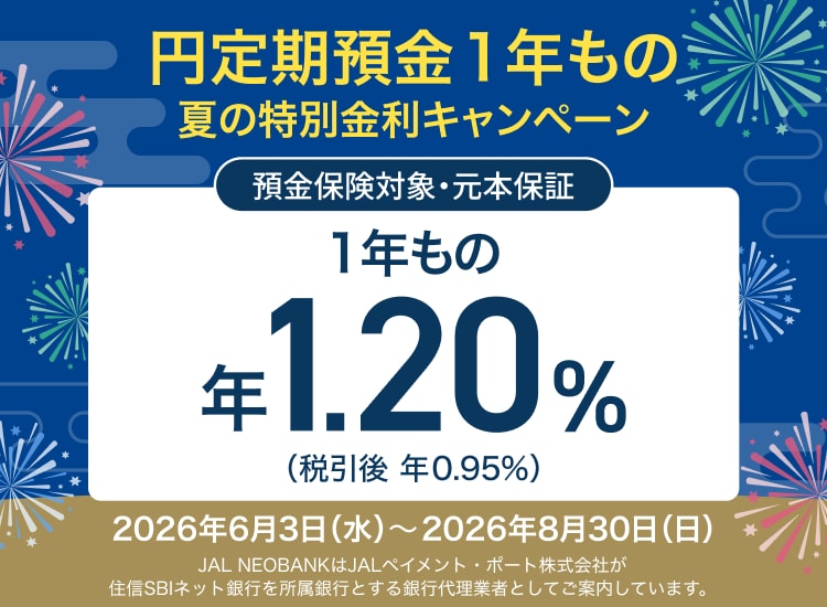 円定期預金1年もの 夏の特別金利キャンペーン 預金保険対象・元本保証1年物 年1.20％（税引後 年0.95％）2026年6月3日水曜日～8月30日日曜日 JAL NEOBANKはJALペイメント・ポート株式会社が住信SBIネット銀行を所属銀行とする銀行代理業者としてご案内しています。