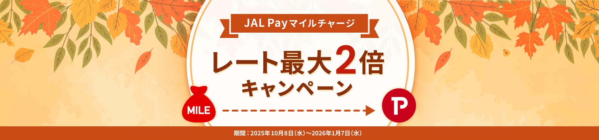 JAL Payマイルチャージ レート最大２倍キャンペーン 期間：2025年10月8日（水）～2026年1月7日（水）