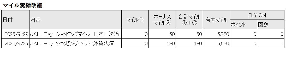 マイル実績明細の表示イメージ画像