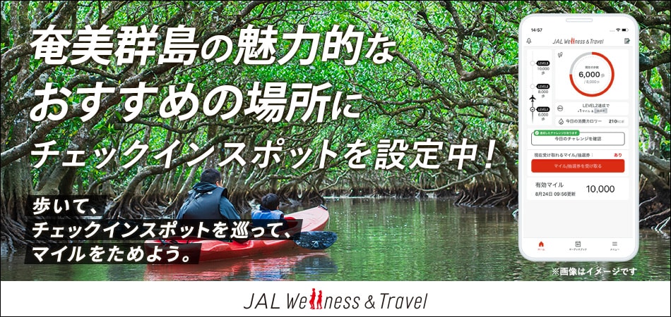 奄美群島の魅力的なおすすめの場所にチェックインスポットを設定中！歩いて、チェックインスポットを巡って、マイルをためよう。JAL Wellness & Travel