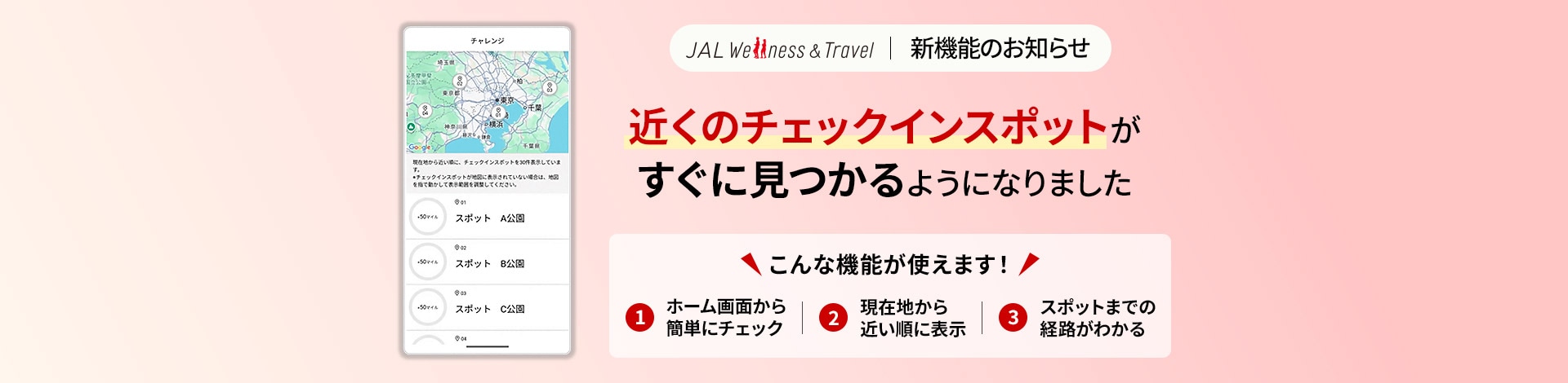 JAL Wellness ＆ Travel 新機能のお知らせ 近くのチェックインスポットが すぐに見つかるようになりました こんな機能が使えます！ 1 ホーム画面から簡単にチェック 2 現在地から近い順に表示 3 スポットまでの経路がわかる