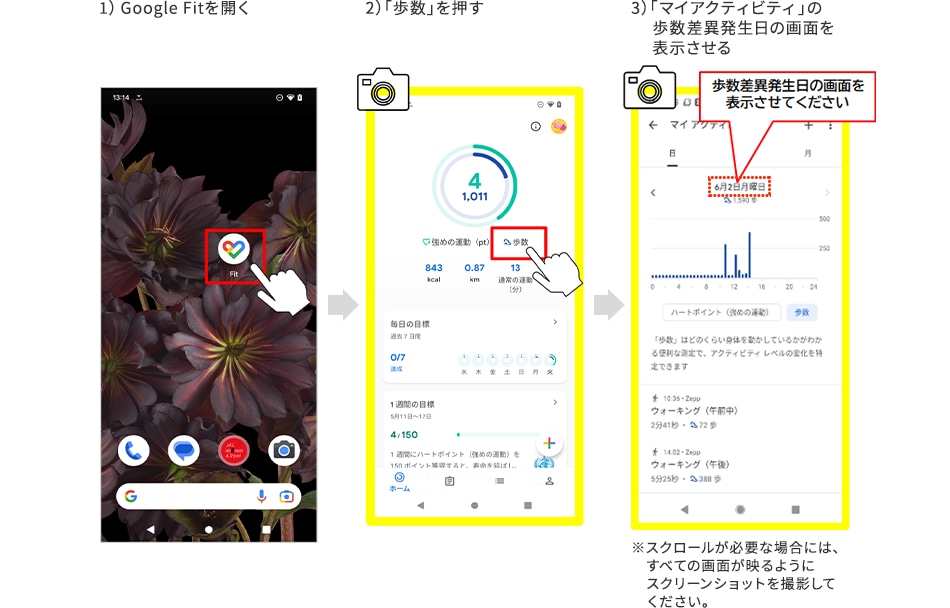 1）Google Fitを開く 2）「歩数」を押す 3）「マイアクティビティ」の歩数差異発生日の画面を表示させる ※スクロールが必要な場合には、すべての画面が映るようにスクリーンショットを撮影してください。