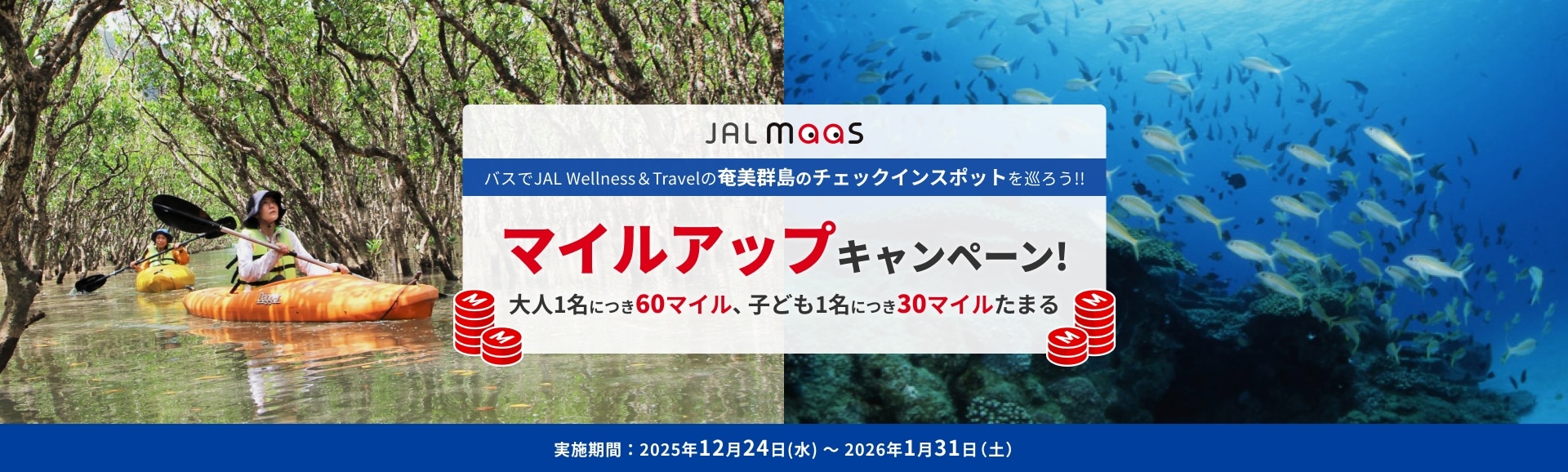 JAL MaaS マイルアップキャンペーン バスでJAL Wellnwss&Travelの奄美群島のチェックインスポットを巡ろう!! 大人1名につき60マイル、子ども1名につき30マイルたまる 実施期間：2025年12月24日水曜日から2026年1月31日土曜日まで