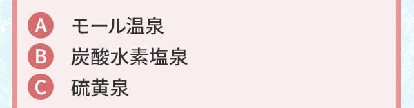 A モール温泉 B 炭酸水素塩泉 C 硫黄泉