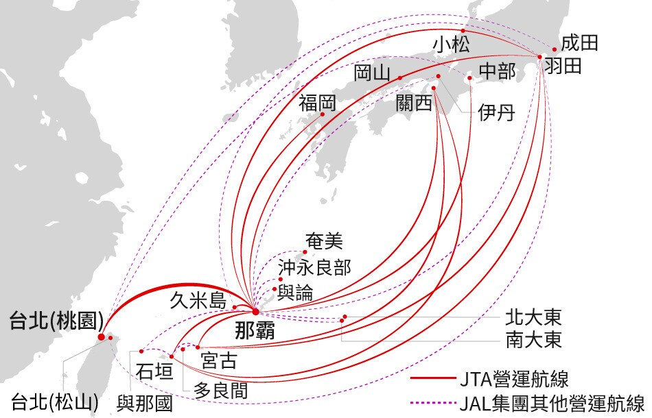 日本航空集團沖繩・台北起降航線網路