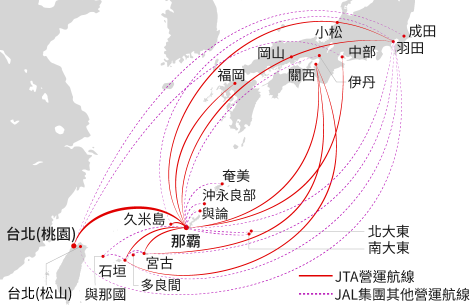 日本航空集團沖繩・台北起降航線網路