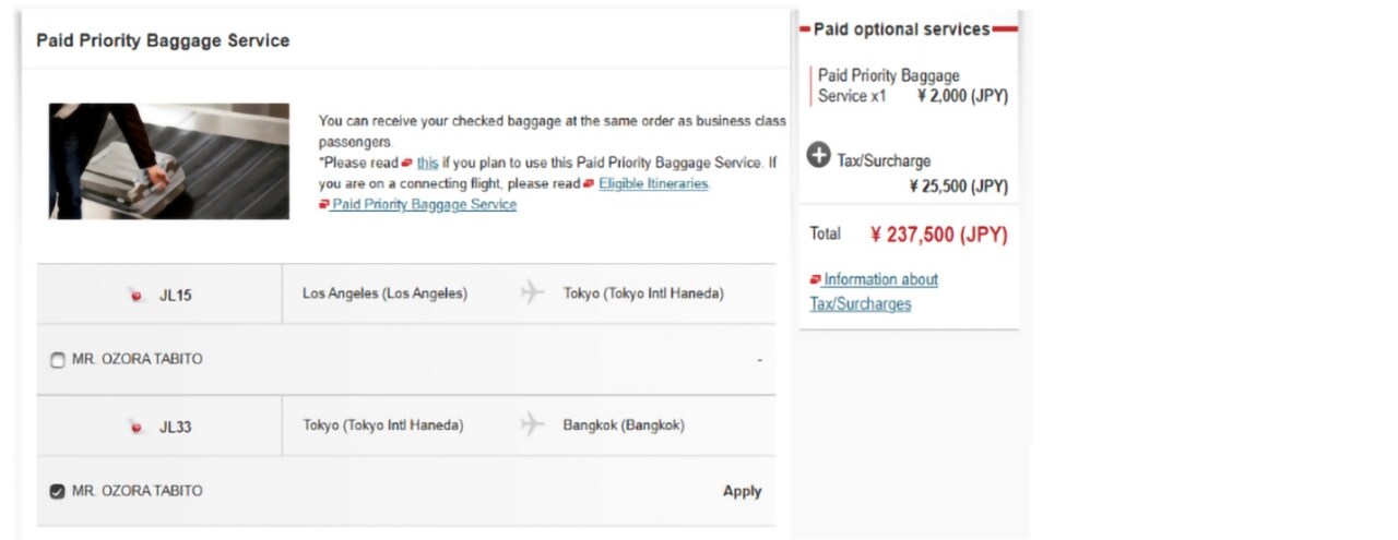 Paid Priority Baggage Service screen