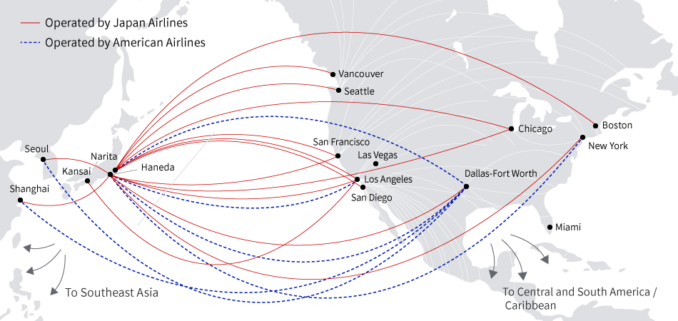 Routes operated by Japan Airlines are: Los Angeles, San Francisco, Chicago, New York, Dallas fort worth, Seoul, Shanghai - Haneda ; San Diego, Seattle, Boston, Vancouver, Chicago, San Francisco, Los Angeles - Narita ; Los Angeles - Kansai. Routes operated by American Airlines are: Los Angeles, New York, Dallas fort worth - Haneda ; Dallas fort worth - Narita ; Dallas fort worth - Seoul, Shanghai.