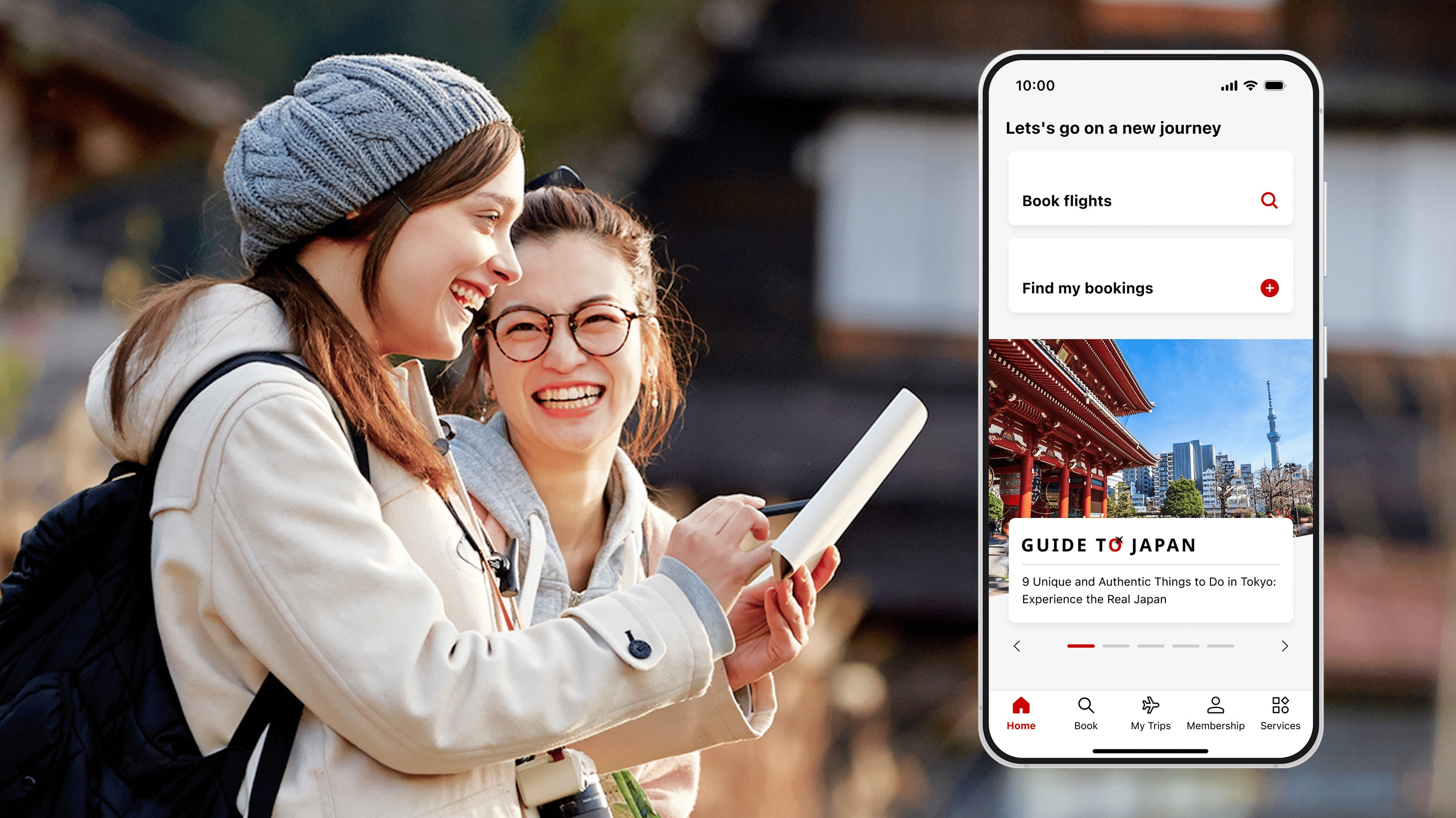 Mockup image showing the Guide to Japan screen on the JAL app