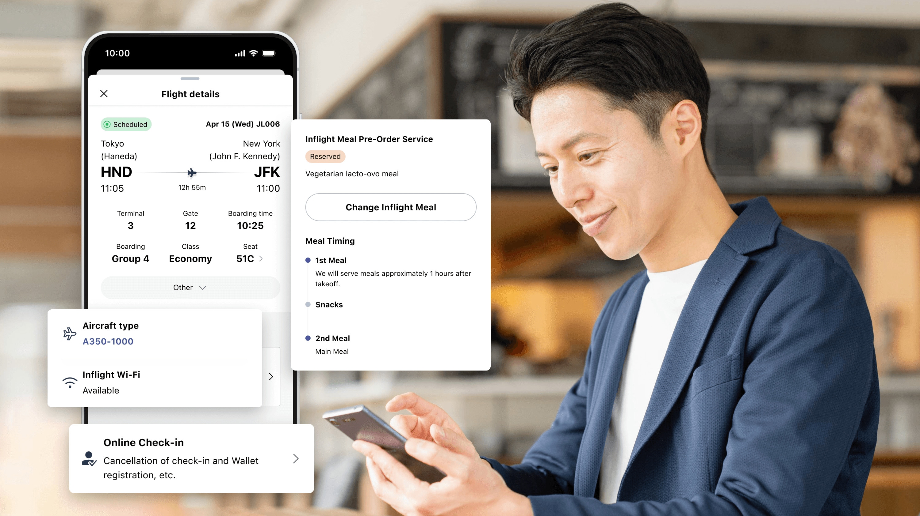 Mockup image of the Flight details screen on the JAL app