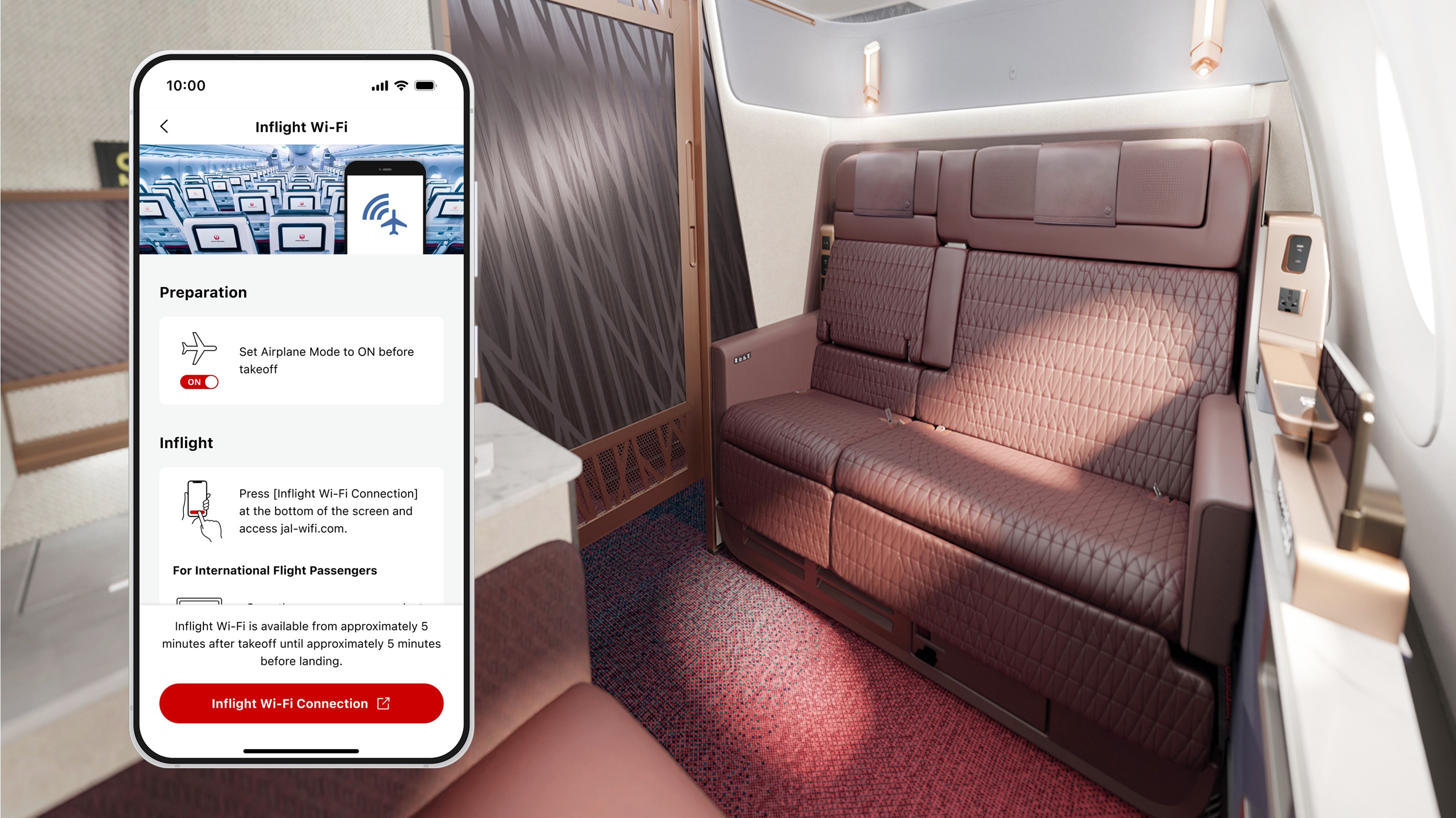 Mockup image of the Inflight Wi-Fi connection interface on the JAL app